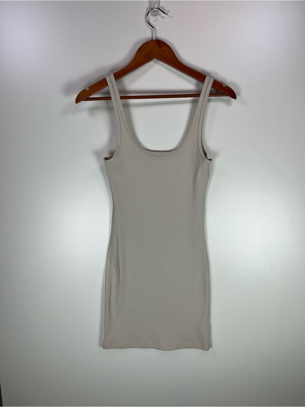 TNA Ribbed Scoop Neck Bodycon Mini Dress - Light Beige Size S